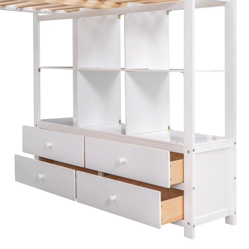 Nestfair Wooden Loft Bed with Built-in Desk and Two Drawers