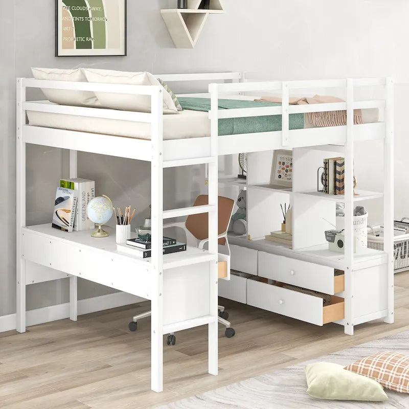 Nestfair Wooden Loft Bed with Built-in Desk and Two Drawers