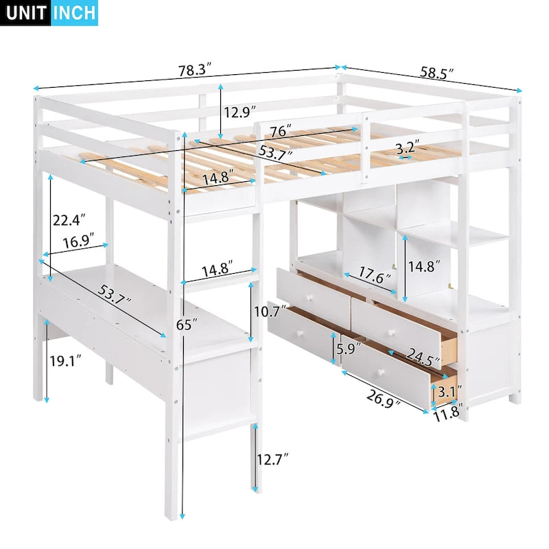Nestfair Wooden Loft Bed with Built-in Desk and Two Drawers