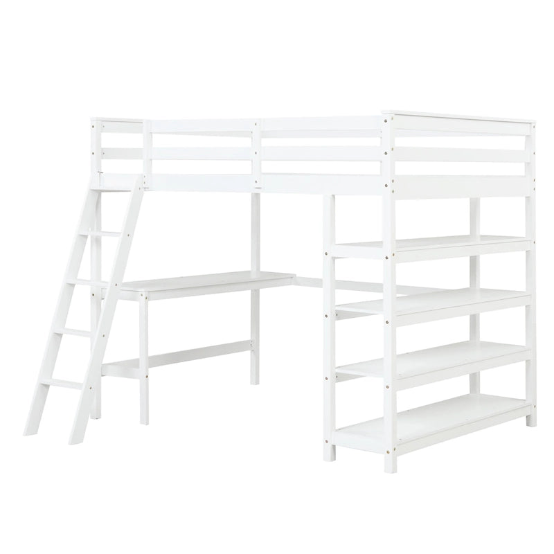 Loft Bed Full with Storage Desk Ladder and Shelves White
