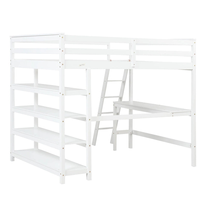 Loft Bed Full with Storage Desk Ladder and Shelves White