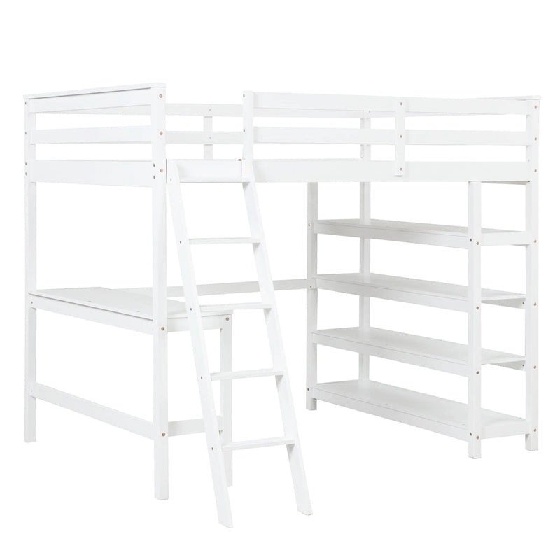 Loft Bed Full with Storage Desk Ladder and Shelves White