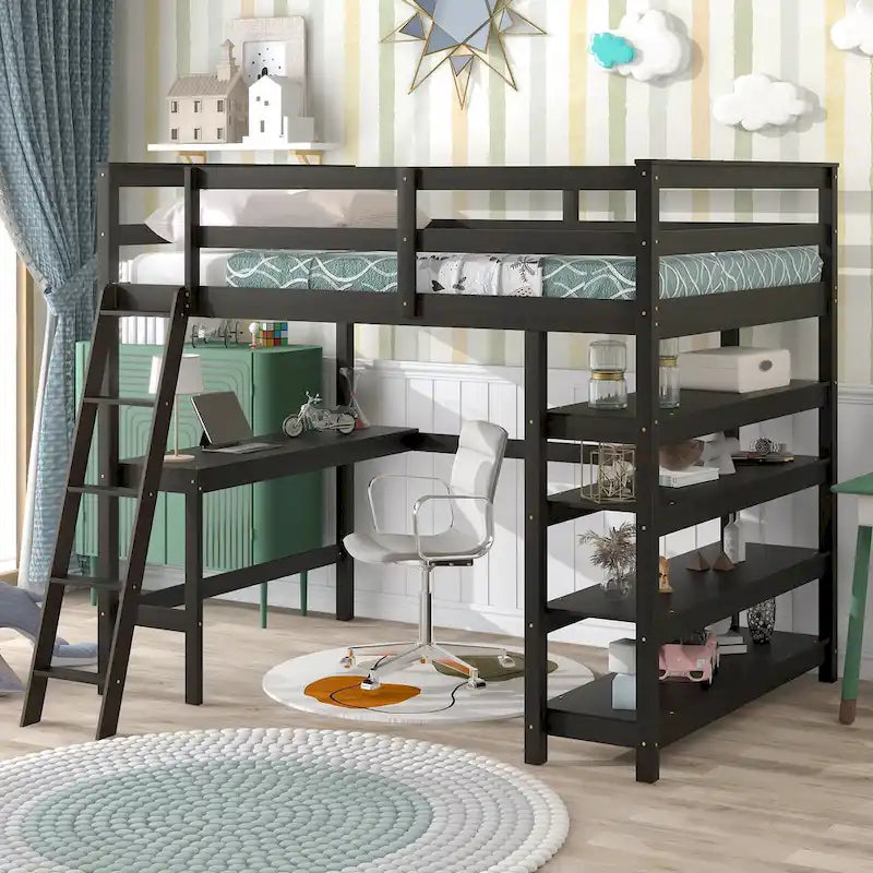 Loft Bed Full with Storage Desk Ladder and Shelves White
