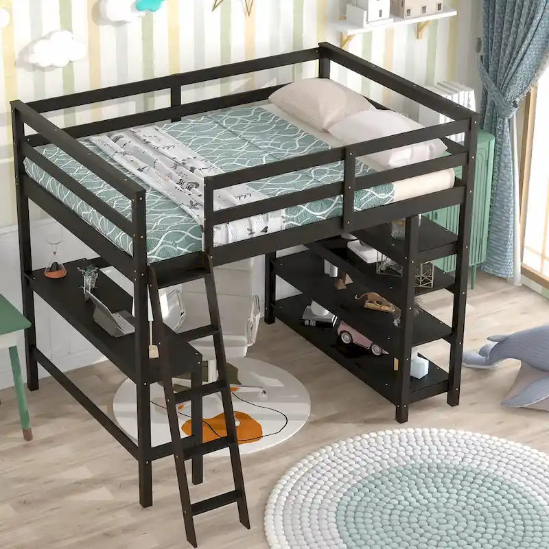Loft Bed Full with Storage Desk Ladder and Shelves White