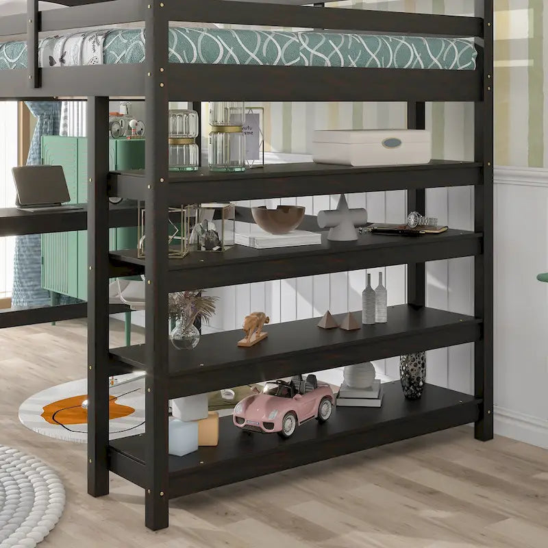 Loft Bed Full with Storage Desk Ladder and Shelves White
