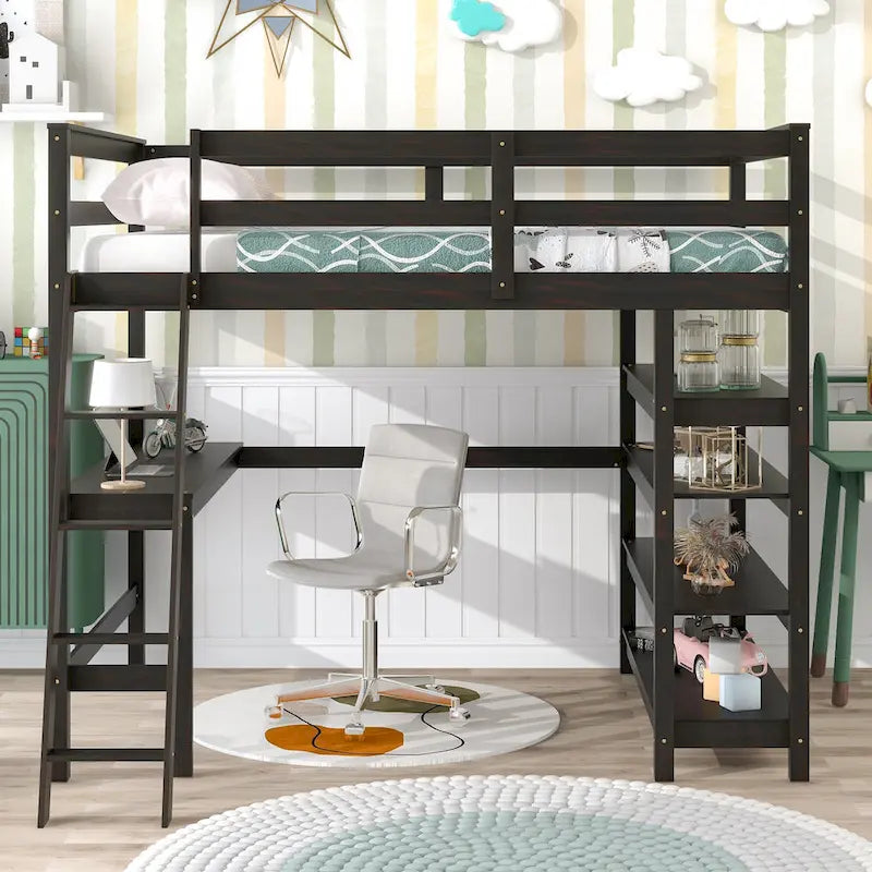 Loft Bed Full with Storage Desk Ladder and Shelves White