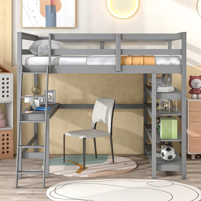 Loft Bed Full with Storage Desk Ladder and Shelves White
