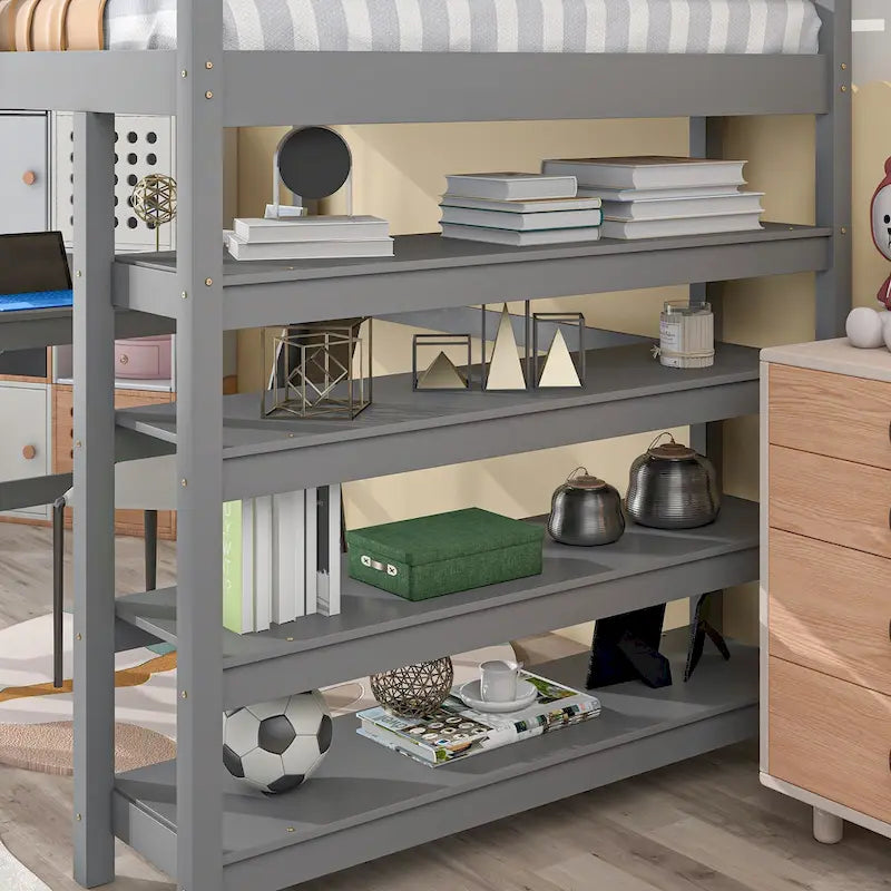 Loft Bed Full with Storage Desk Ladder and Shelves White
