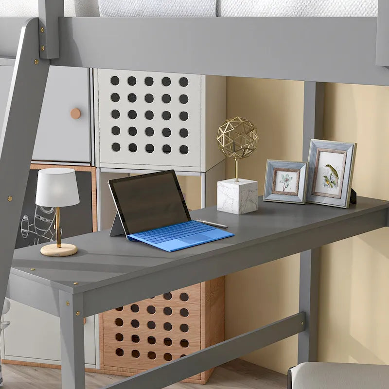 Loft Bed Full with Storage Desk Ladder and Shelves White