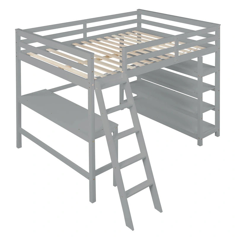 Loft Bed Full with Storage Desk Ladder and Shelves White