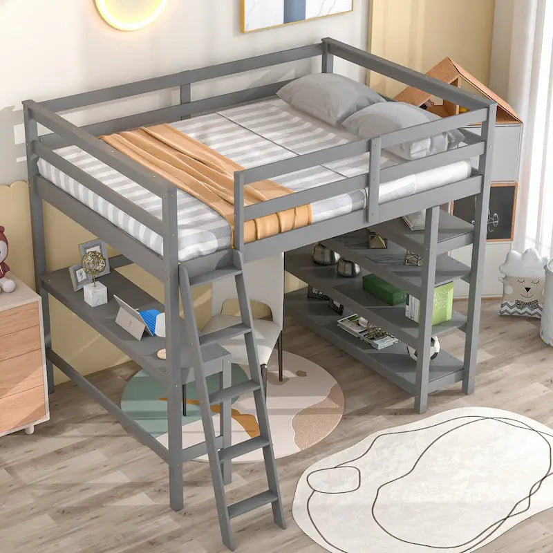 Loft Bed Full with Storage Desk Ladder and Shelves White