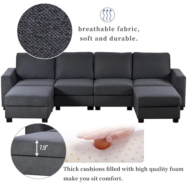 3 Pieces U shaped Sectional Sofa with 2 Removable Ottomans