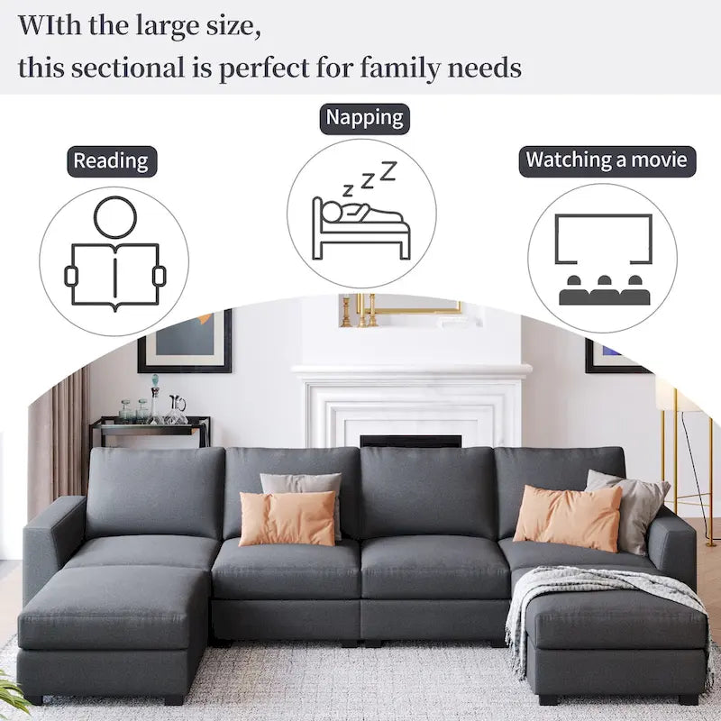 3 Pieces U shaped Sectional Sofa with 2 Removable Ottomans