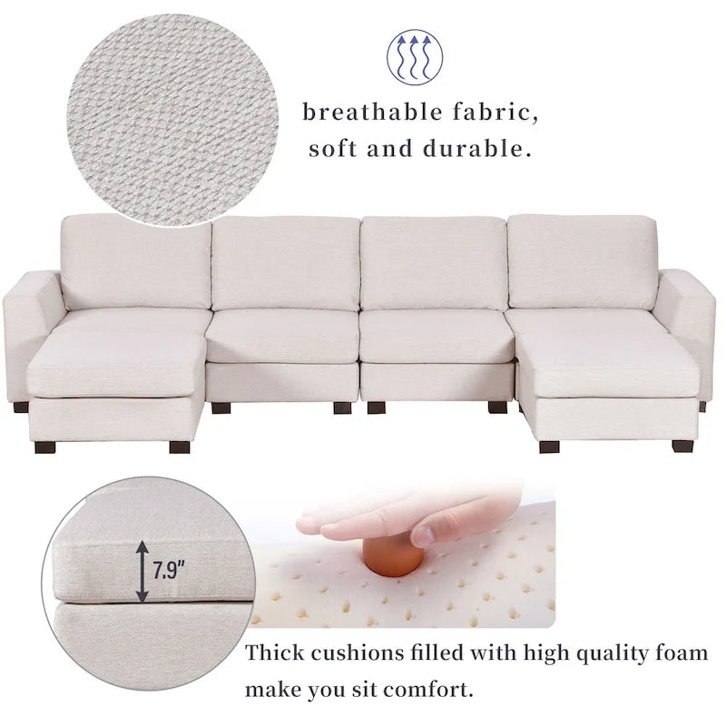 3 Pieces U shaped Sectional Sofa with 2 Removable Ottomans