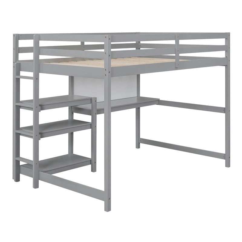 Full Size Wooden Loft Bed with Shelves, Desk and Writing Board
