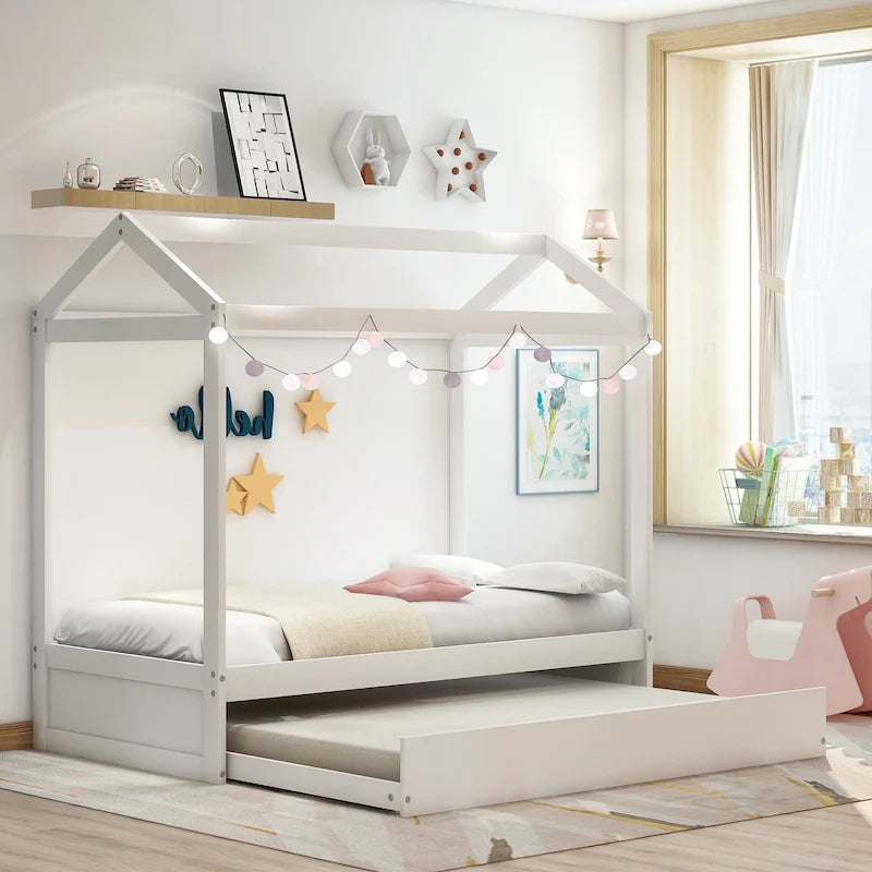 Nestfair White Twin House Bed with Trundle