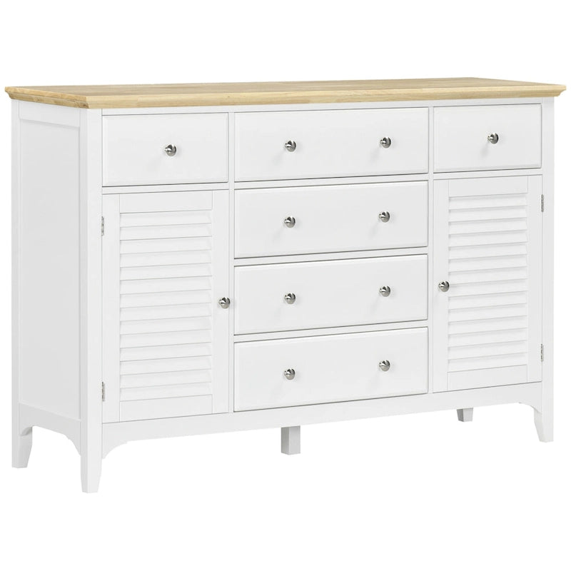 HOMCOM Modern Sideboard with Drawers, Buffet Cabinet with Storage Cabinets, Rubberwood Top and Adjustable Shelves, White