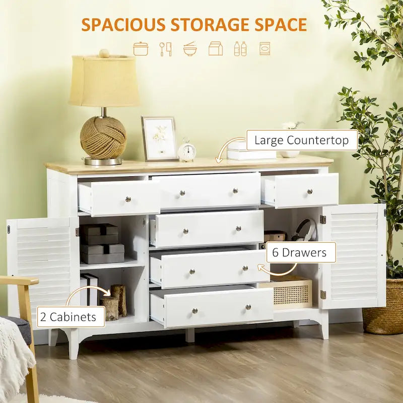 HOMCOM Modern Sideboard with Drawers, Buffet Cabinet with Storage Cabinets, Rubberwood Top and Adjustable Shelves, White