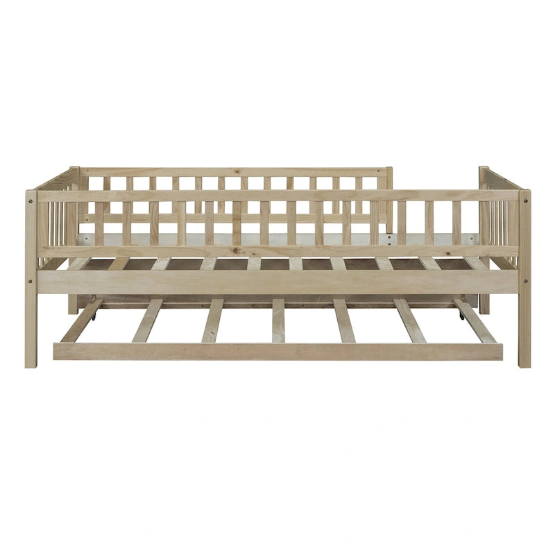 Twin Size Wood Daybed with Trundle and Fence Guardrails