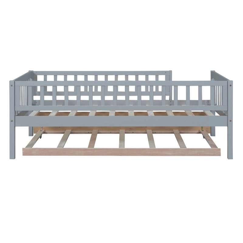 Twin Size Wood Daybed with Trundle and Fence Guardrails