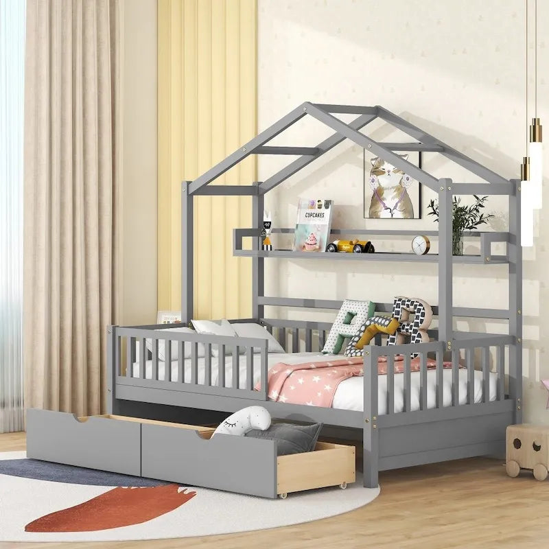 Wooden Twin Size House Bed with 2 Drawers,Kids Bed with Storage Shelf, White