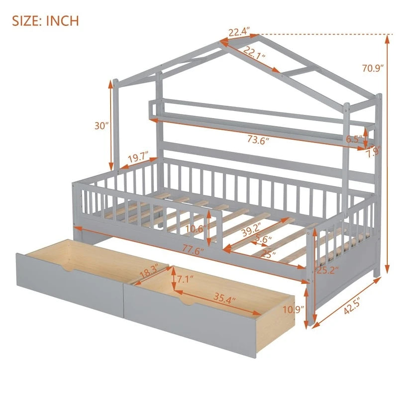 Wooden Twin Size House Bed with 2 Drawers,Kids Bed with Storage Shelf, White