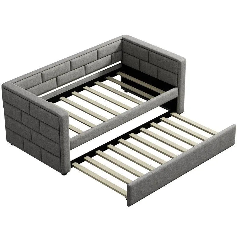 Twin Size Daybed with Trundle, Upholstered Daybed with Padded Back