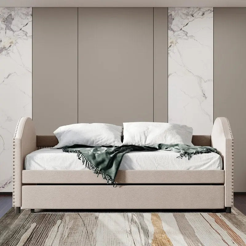 Daybed with Trundle, Full Size Upholstered Daybed with Twin Size Trundle