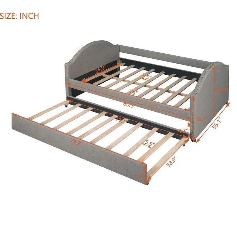 Daybed with Trundle, Full Size Upholstered Daybed with Twin Size Trundle