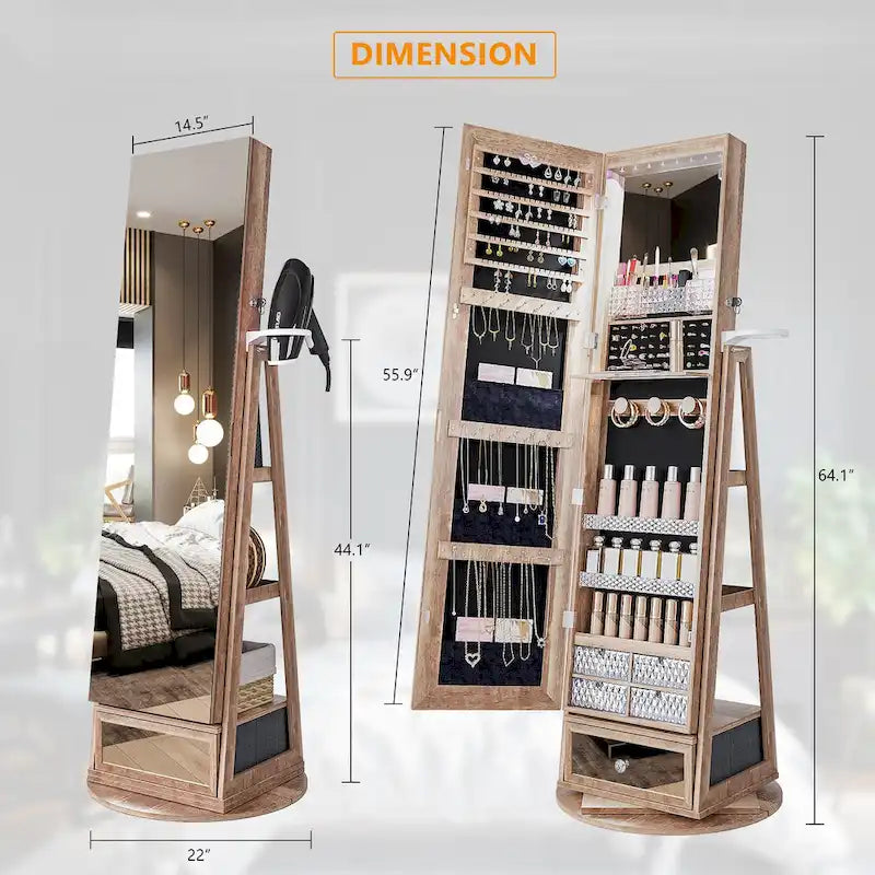 22 Wide Rotatable Jewelry Armoire with Mirror - N/A