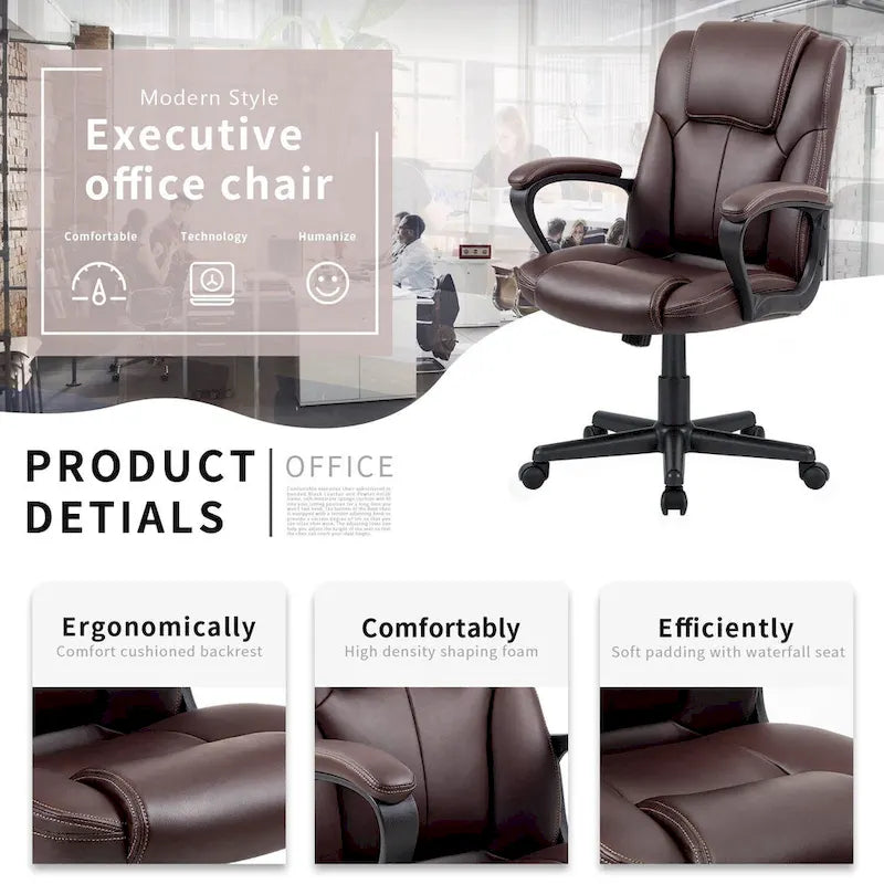 Homall Brown Executive Chair High-Level PU Leather Thick Padded Ergonomic Chair Mid Back Office and Commercial Chair