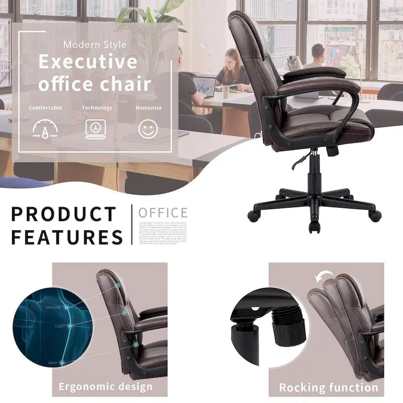 Homall Brown Executive Chair High-Level PU Leather Thick Padded Ergonomic Chair Mid Back Office and Commercial Chair