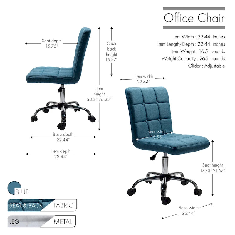 Chaise de bureau en tissu capitonné avec piètement en métal