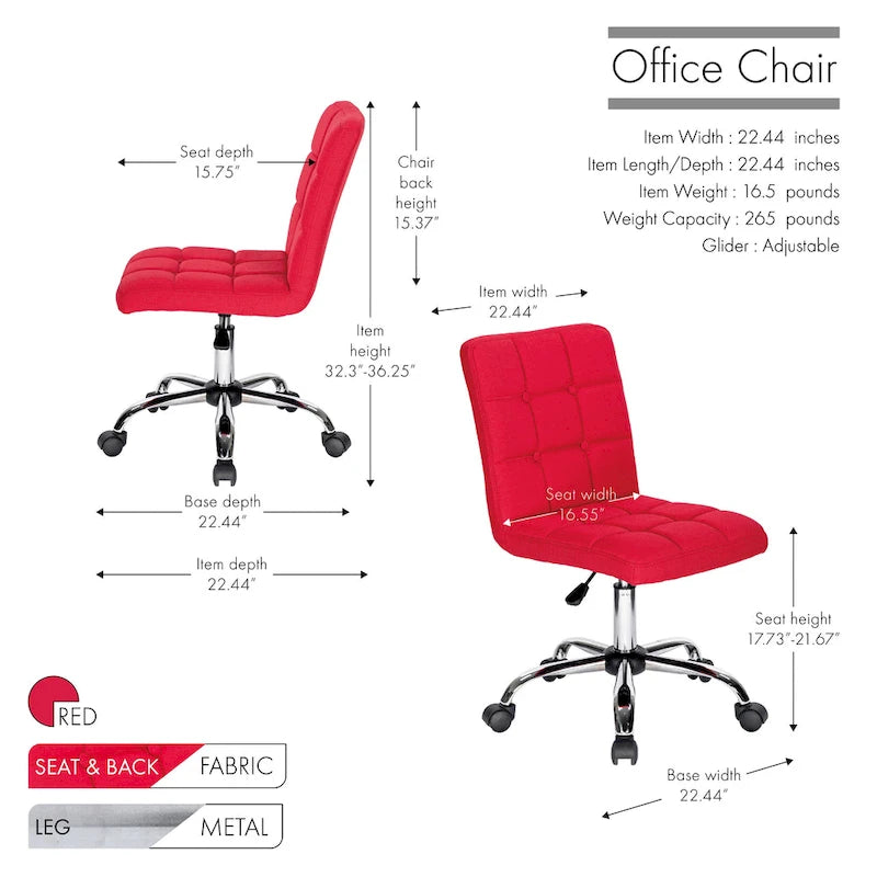 Chaise de bureau en tissu capitonné avec piètement en métal