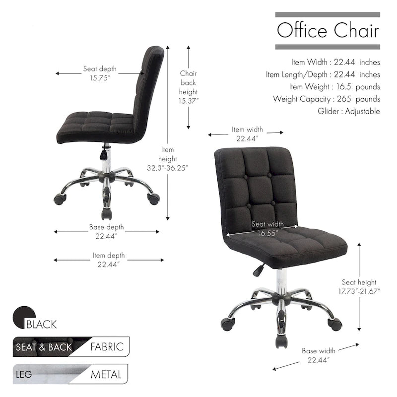 Chaise de bureau en tissu capitonné avec piètement en métal