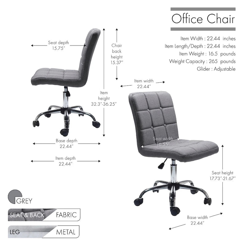 Chaise de bureau en tissu capitonné avec piètement en métal