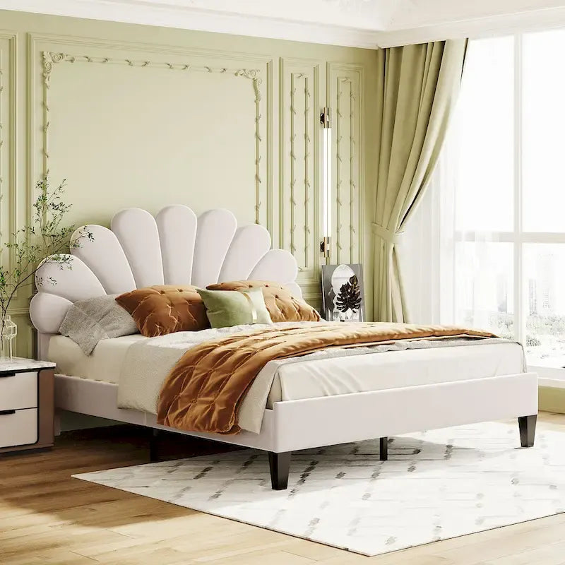 Velvet Upholstered Platform Bed with Flower Pattern Headboard
