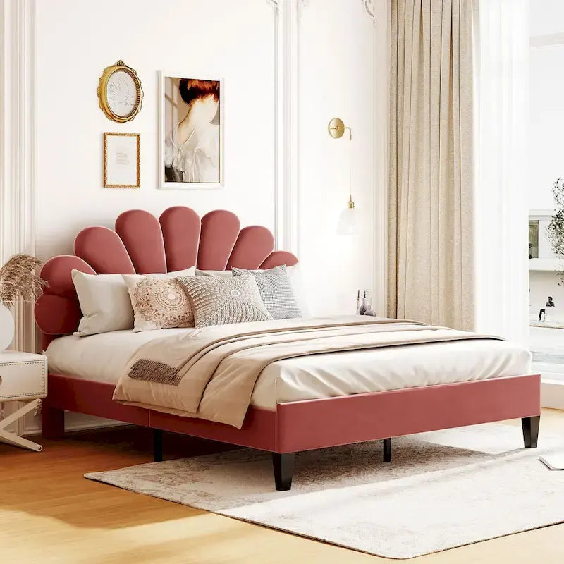 Velvet Upholstered Platform Bed with Flower Pattern Headboard