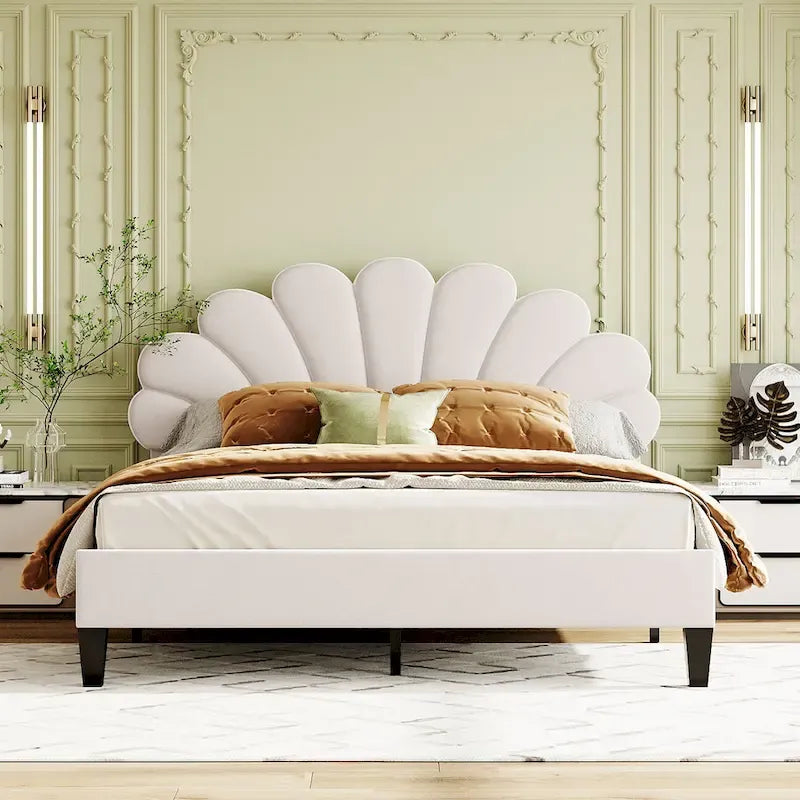 Velvet Upholstered Platform Bed with Flower Pattern Headboard