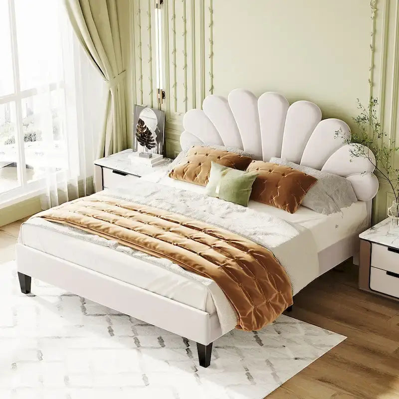 Velvet Upholstered Platform Bed with Flower Pattern Headboard