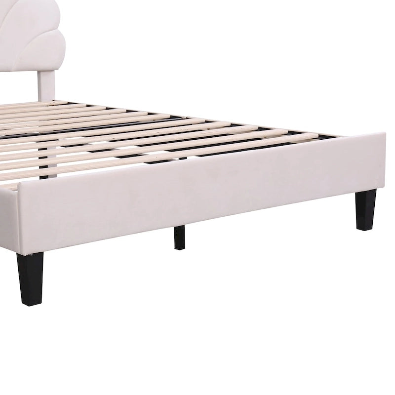 Velvet Upholstered Platform Bed with Flower Pattern Headboard