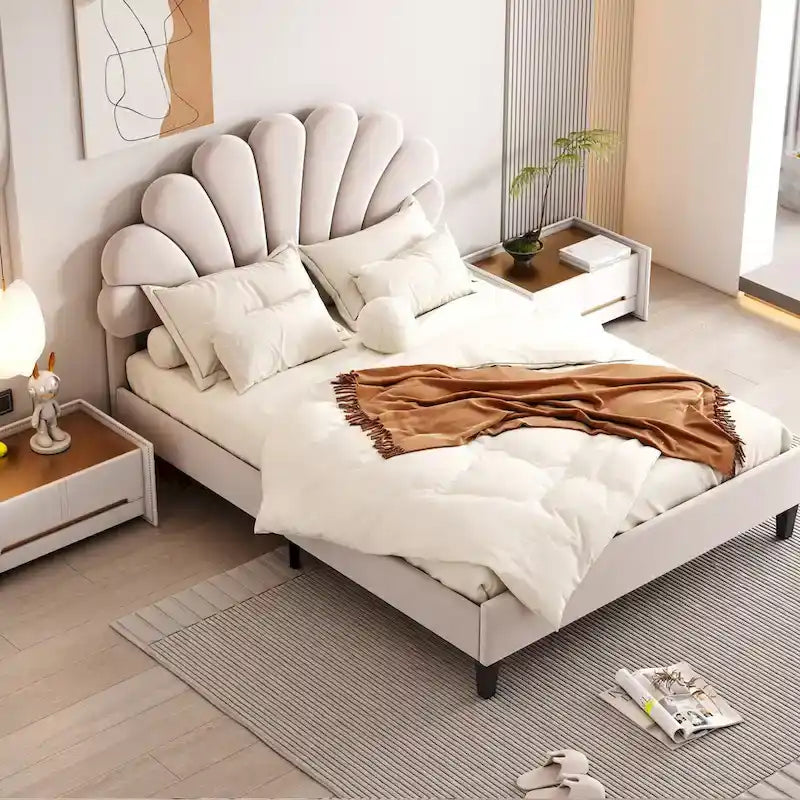 Velvet Upholstered Platform Bed with Flower Pattern Headboard
