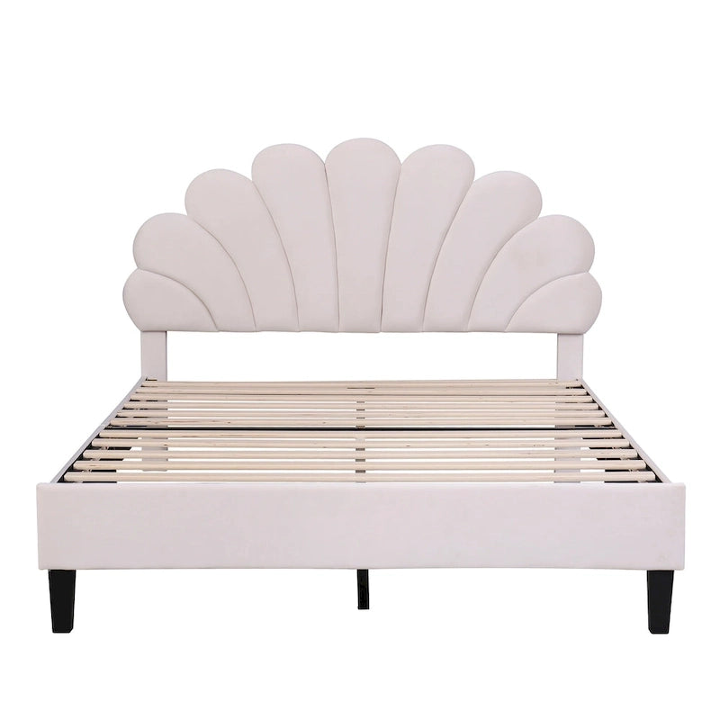 Velvet Upholstered Platform Bed with Flower Pattern Headboard