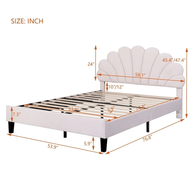 Velvet Upholstered Platform Bed with Flower Pattern Headboard