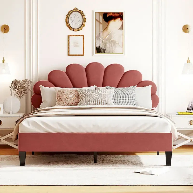 Velvet Upholstered Platform Bed with Flower Pattern Headboard