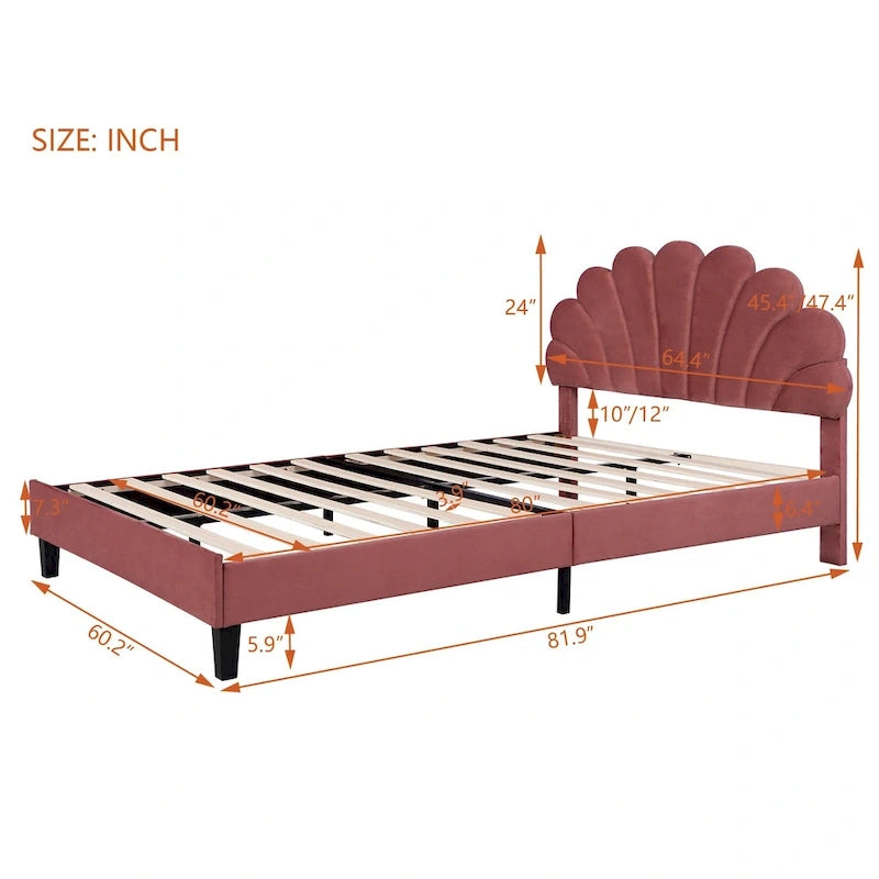 Velvet Upholstered Platform Bed with Flower Pattern Headboard