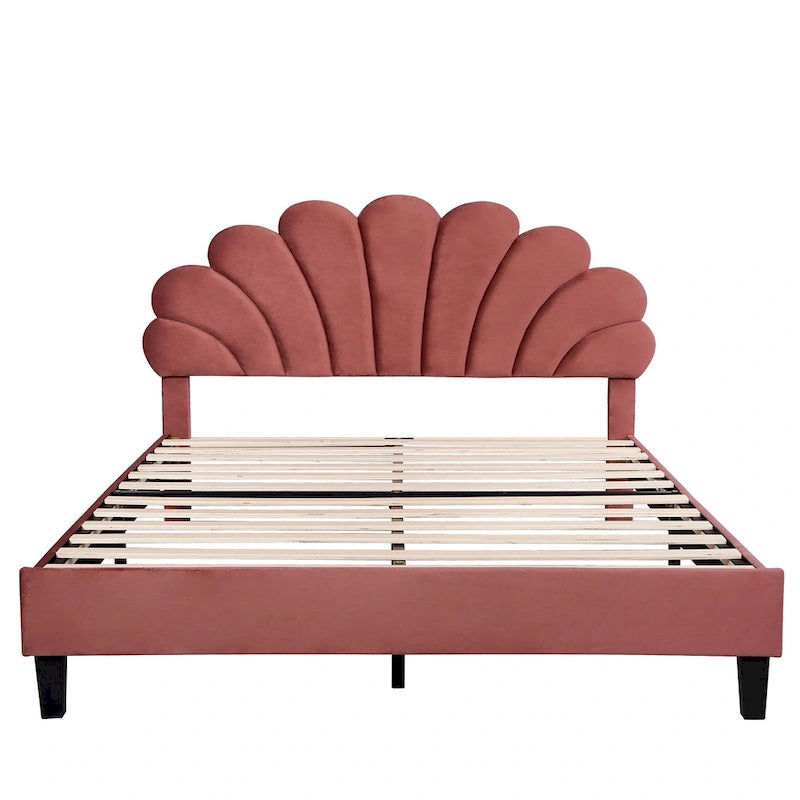 Velvet Upholstered Platform Bed with Flower Pattern Headboard