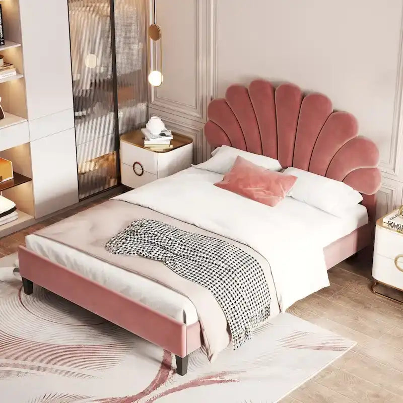 Velvet Upholstered Platform Bed with Flower Pattern Headboard