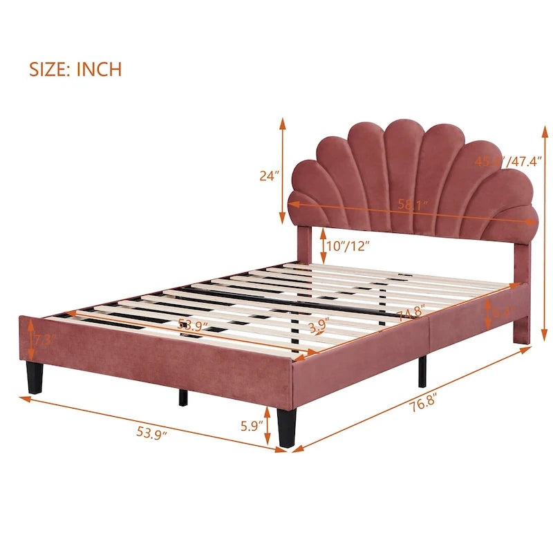 Velvet Upholstered Platform Bed with Flower Pattern Headboard