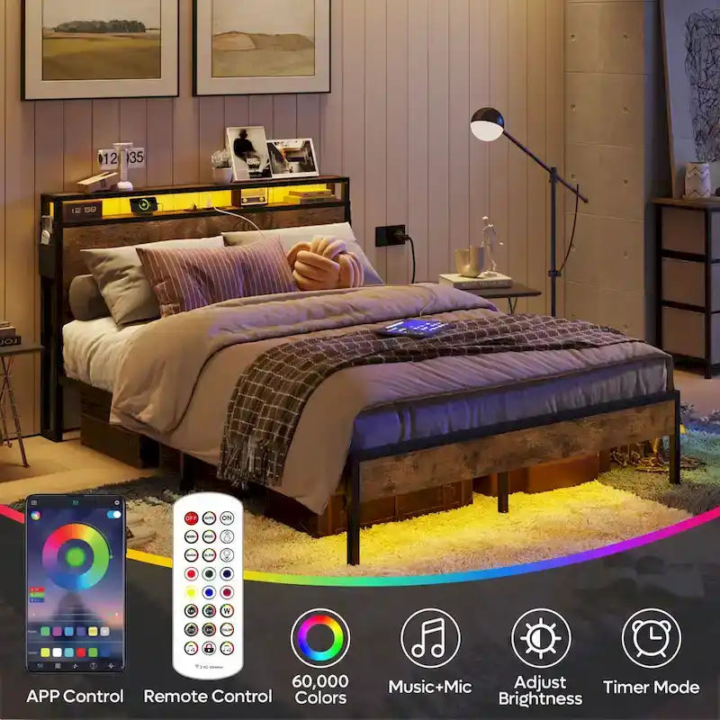 Metal Bed Frame Platform Bed with Storage Headboard LED Lights and Charging Station
